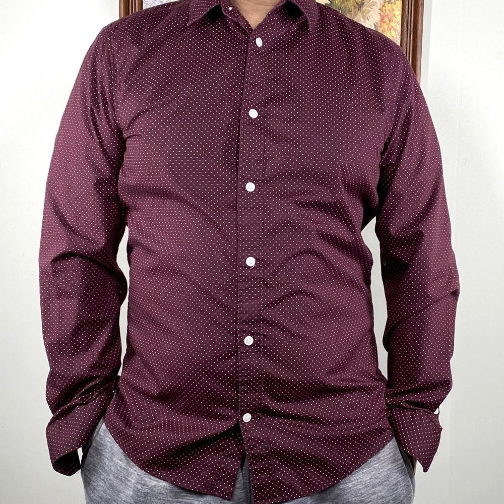 H&M SLIM FIT Button Up Shirt Top Men's Large Maroon Polka Dot Casual